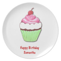 Plat rose et vert de petit gâteau d'anniversaire assiettes
