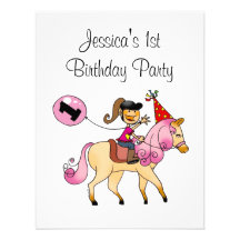 Poney mignon et ?ère partie de fille d'anniversair invitation personnalisée