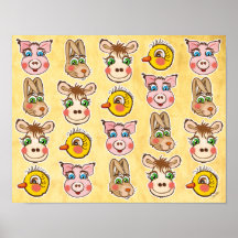 Porc, lièvres, poussin et vache - affiche