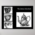 Pot victorien de thé et affiche de tasses