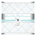 Première communion de coeur de croix rose turquois invitations
