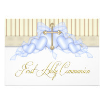 Première communion d'or de garçons beiges et bleus faire-part