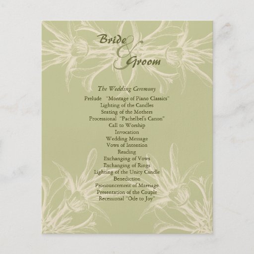 Programme floral olive antique de mariage prospectus personnalisés