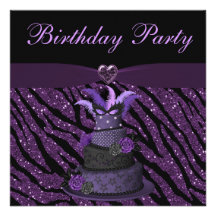 Purple Diva Cake & Printed Zebra Glitter Birthday Invitations