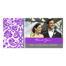 Purple Gray Damask Thank You Wedding Photo Cards