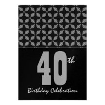 quarantième Noir et argent de fête d'anniversaire  Cartons D'invitation