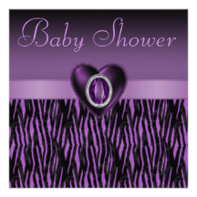 Rayures de zèbre et baby shower pourpres de coeur  carton d'invitation