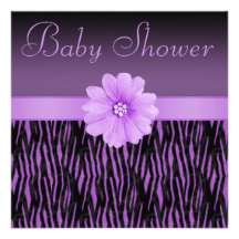 Rayures de zèbre et baby shower pourpres de fleur  invitations personnalisées