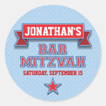 Red and Blue Sports Tackle Twill Bar Mitzvah RSVP Round Stickers