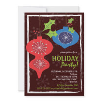 Rétro Noël rouge et bleu ornemente la fête de vaca Invitations Personnalisées
