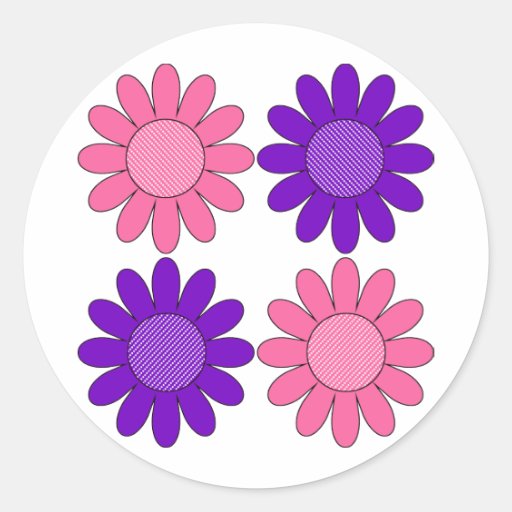 Rétros fleurs roses et pourpres adhésifs ronds