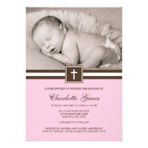 Rose et baptême croisé de photo de fille de Brown Invitation