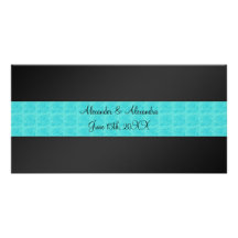 Roses noirs de turquoise épousant des faveurs photocartes personnalisées