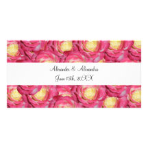 Roses roses épousant des faveurs carte avec photo