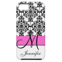 Roze Zwart Wit BloemenDamast met monogram iPhone 5 Case-Mate Hoesje