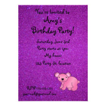 Scintillement pourpre personnalisé de koala rose n invitations personnalisées