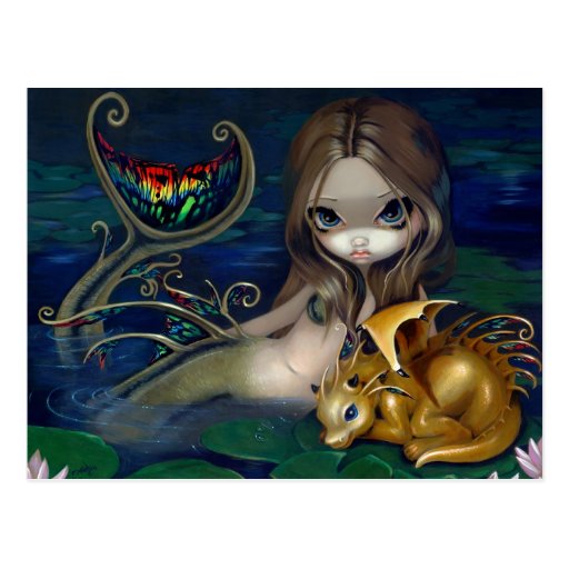 "Sirène avec la carte postale d'un dragon d'or"