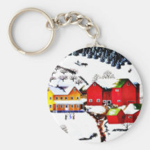 sneeuw land met rond huizen en bomen sleutelhangers
