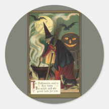 Sorcière vintage de Halloween remuant le chaudron  Adhésifs Ronds