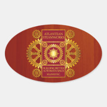 Steamworks Atlantean - or et rouge sur Cherrywood Stickers Ovales