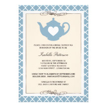 Tan chic et thé nuptiale de douche de théière bleu invitation