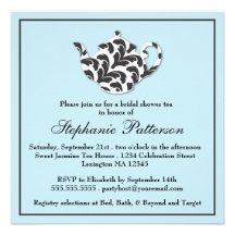 Thé nuptiale chic de douche de damassé noire et bl invitations personnalisées