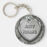 Tout nom sur le coeur argenté Keychain Porte-clef