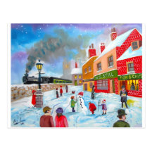 Train de peinture d'art populaire de scène d'hiver cartes postales
