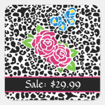 Trendy Zwart-witte Luipaard met Roze Rozen Vierkant Stickers