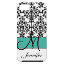 Turkoois Zwart Wit BloemenDamast met monogram iPhone 5 Hoesje