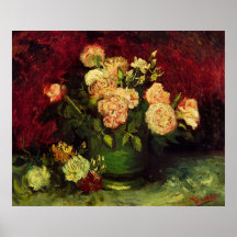 Van Gogh ; Cuvette avec des pivoines et des roses Poster