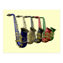 Vijf Kleurrijke Saxofoons in een Briefkaart van de Wenskaarten