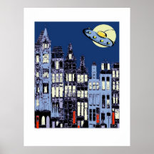 Ville néerlandaise avec la soucoupe volante affiches