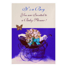 VINTAGE KINDERWAGEN MET BLOEMEN, HET BABY SHOWER V GEPERSONALISEERDE UITNODIGING