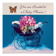 VINTAGE KINDERWAGEN MET BLOEMEN, HET BABY SHOWER V CUSTOM UITNODGING