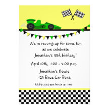 Voiture de course verte, invitation d'anniversaire