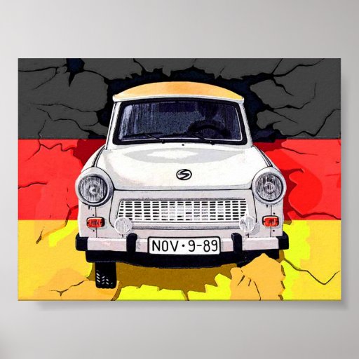 Voiture de Trabant et drapeau allemand, mur de Ber Posters