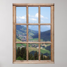 Vue de vallée de montagne d'une fenêtre poster