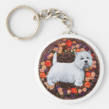 Westie avec des fleurs d'automne porte-clefs