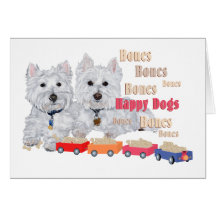 Westies avec le train d'os carte de vœux