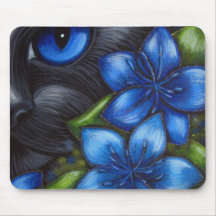 ZWARTE KAT - BLAUWE BLOEMEN Mousepad Muis Matten