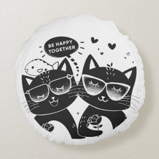 Вmooie katten met rozen en inscripties BEHAPPY Rond Kussen