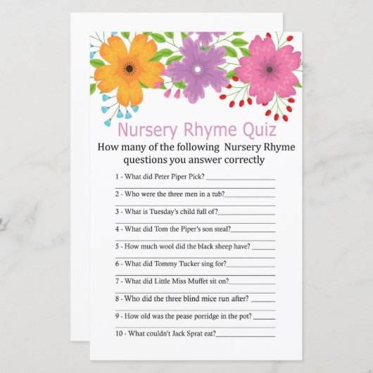 С uilbloemen Nursery Rhyme Quiz baby shower game (Voorkant / Achterkant)