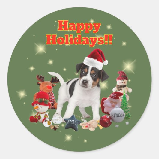 かわいいジャックラッセルテリアとおもちゃ ハッピーホリデー♡ RONDE STICKER (Voorkant)