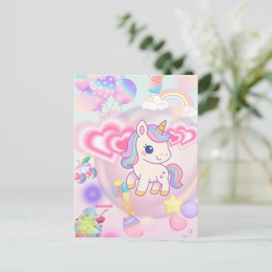 かわいいピンクのゆるふわユニコーン♡ BRIEFKAART (Staand voorkant)