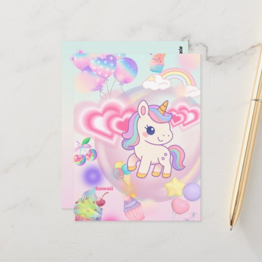 かわいいピンクのゆるふわユニコーン♡ BRIEFKAART (Voorkant / Achterkant in situ)