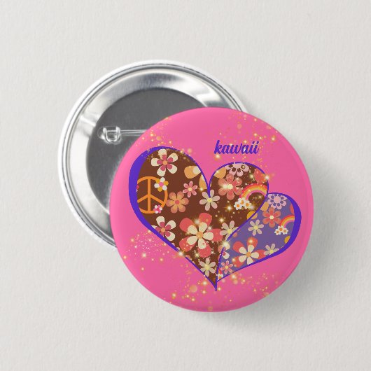 かわいいピンクの鮮やかなお花模様レトロハート♡ RONDE BUTTON 5,7 CM (Voorkant /achterkant)