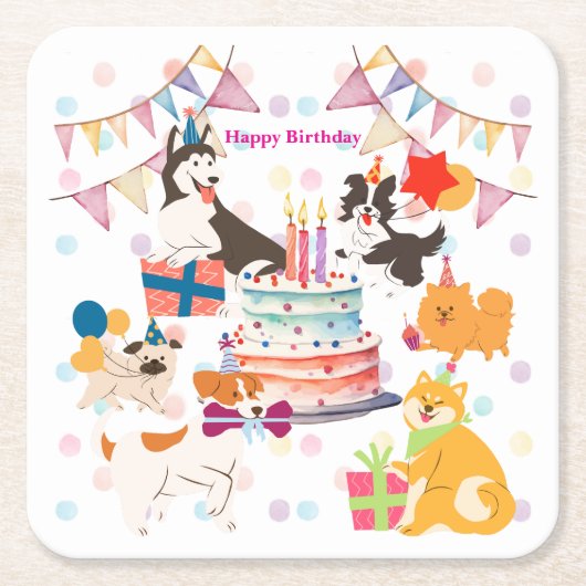 かわいい犬がいっぱい♡ピンクのバースデーパーティー  VIERKANTE KARTONNEN ONDERZETTER (Voorkant)