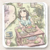 さないやじ　散らかったお部屋の雑貨の置いてある棚を片付ける女性のイラスト BIER ONDERZETTER (Voorkant)