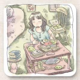 さないやじ　散らかったお部屋の雑貨の置いてある棚を片付ける女性のイラスト BIER ONDERZETTER